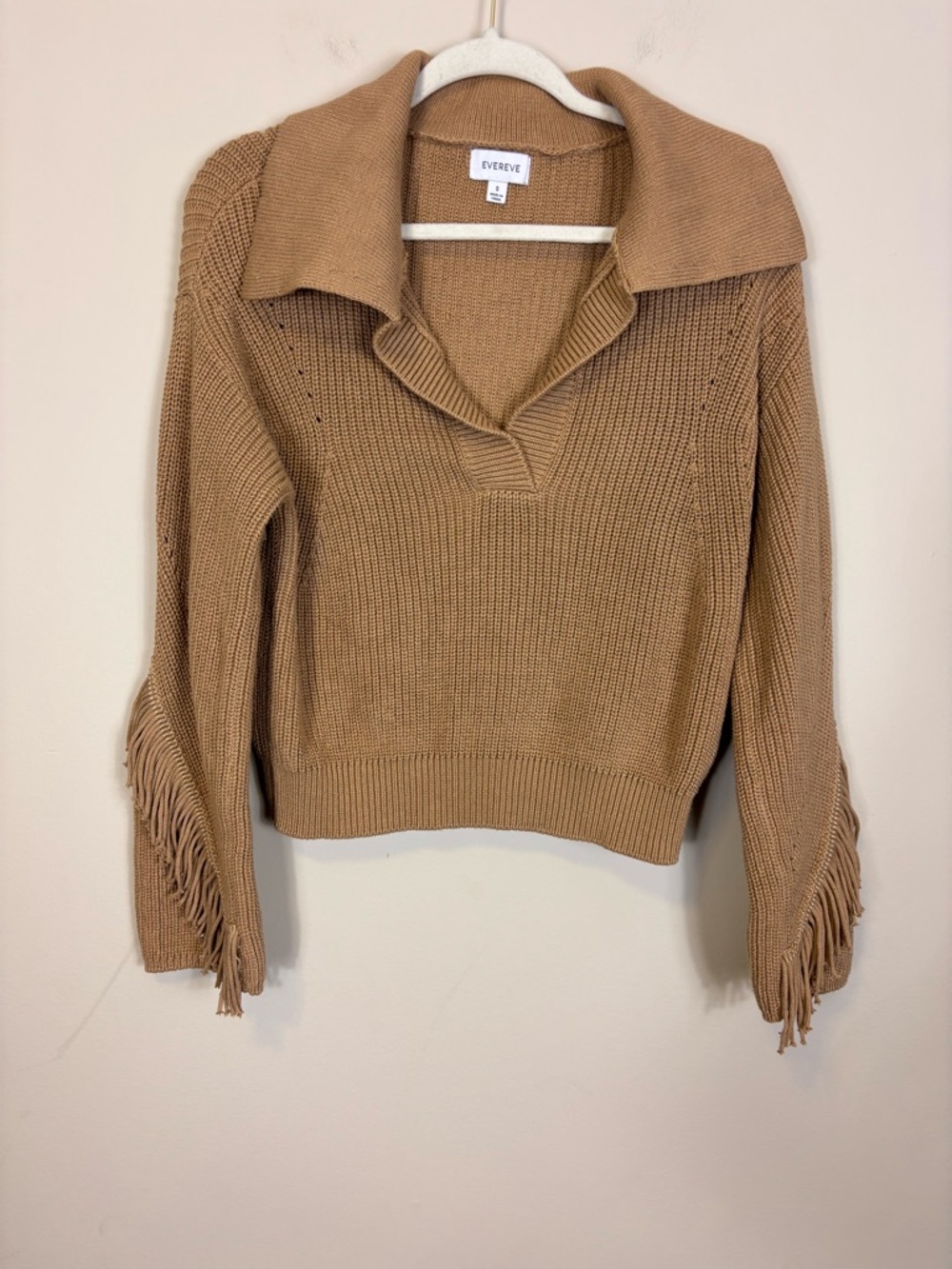Evereve Tan Ribbed V Neck Collared Fringe Sleeve Knit Sweater Small